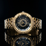 Recent ladies black dial golden diamond watch with luxury crystal bezel and gold strap