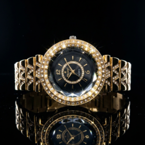 Recent ladies black dial golden diamond watch with luxury crystal bezel and gold strap