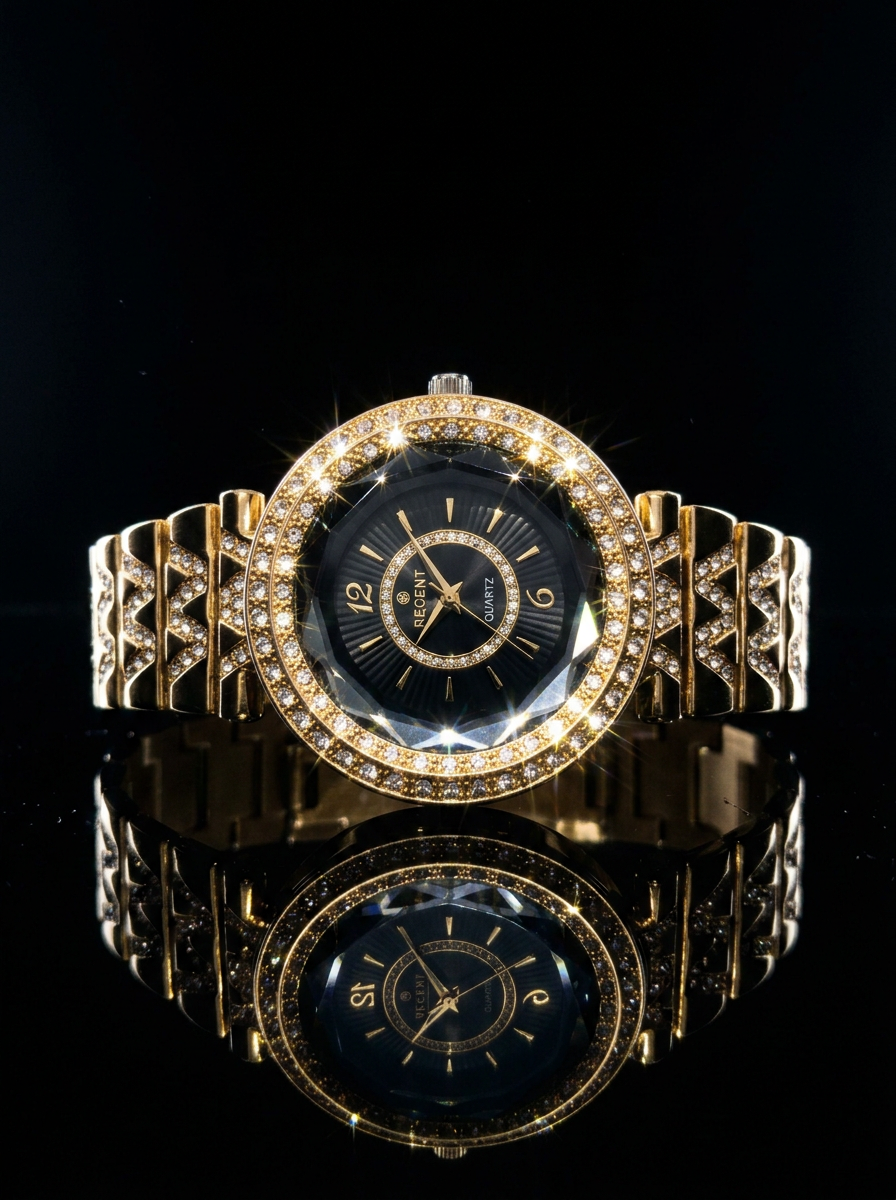 Recent Ladies Black Dial Golden Diamond Watch – Luxury Quartz Wrist Watch for Women Recent ladies black dial golden diamond watch with luxury crystal bezel and gold strap