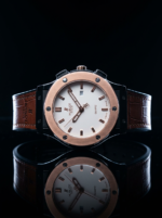 Hublot light gold watch with brown leather strap luxury wristwatch