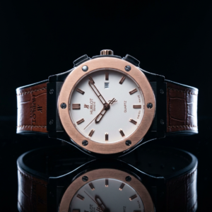 Hublot light gold watch with brown leather strap luxury wristwatch